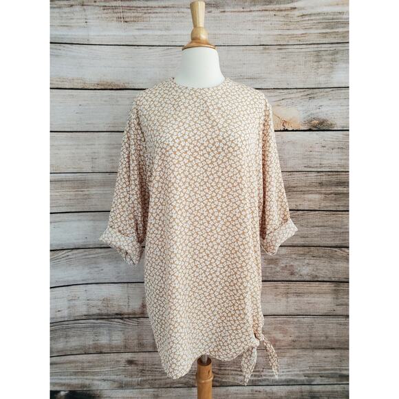 Vintage Tops - Vintage 60s 70s Tunic Tan White Leaf Print Large